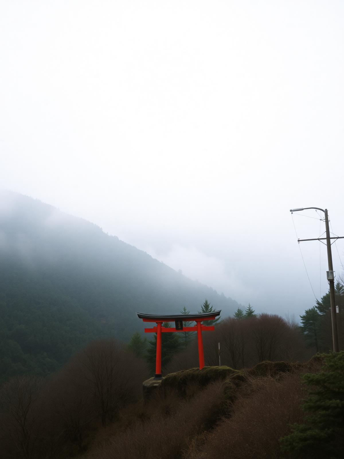Nebelverhangener Bergwald mit rotem Torii in Japan