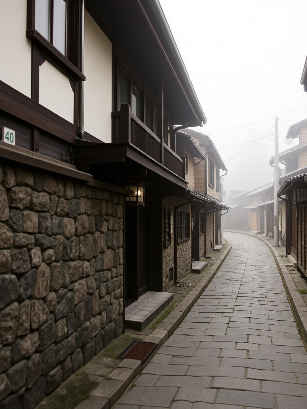Gasse in Kyoto im Morgennebel